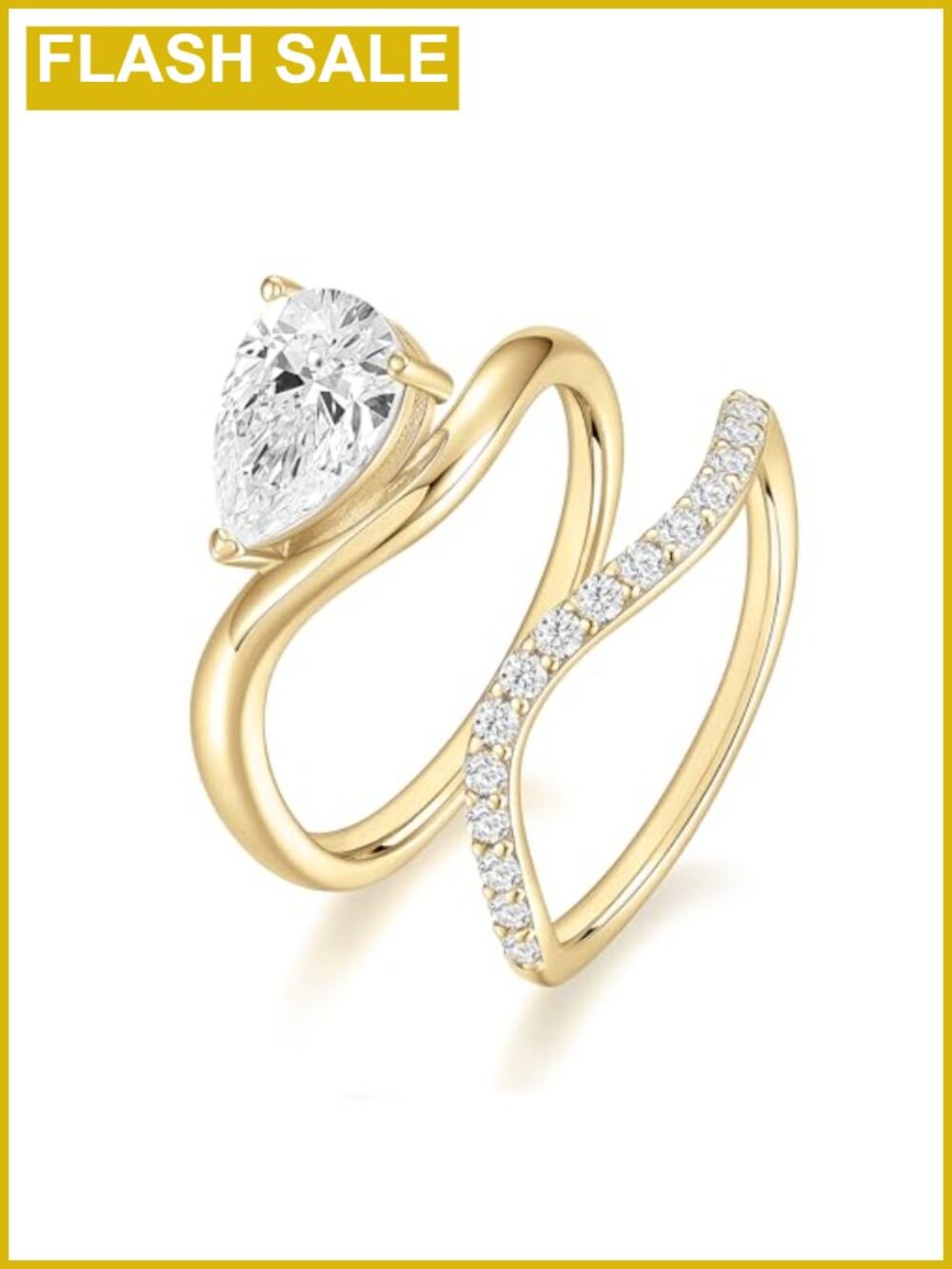 14K Gold Plated Brass Pear CZ Teardrop Wedding Ring Set